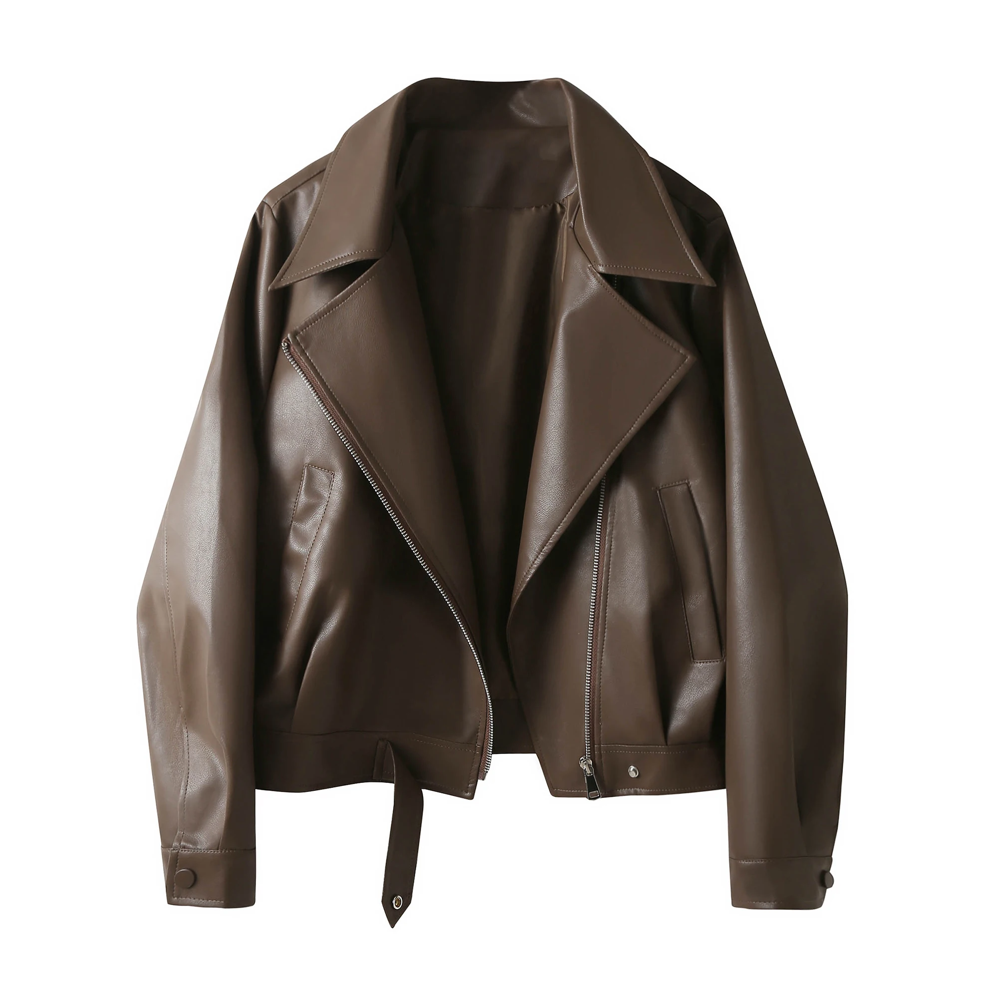 Outono couro do plutônio motociclista jaet feminino cor café terno colarinho versátil longo sve casaco dreng no vento foi