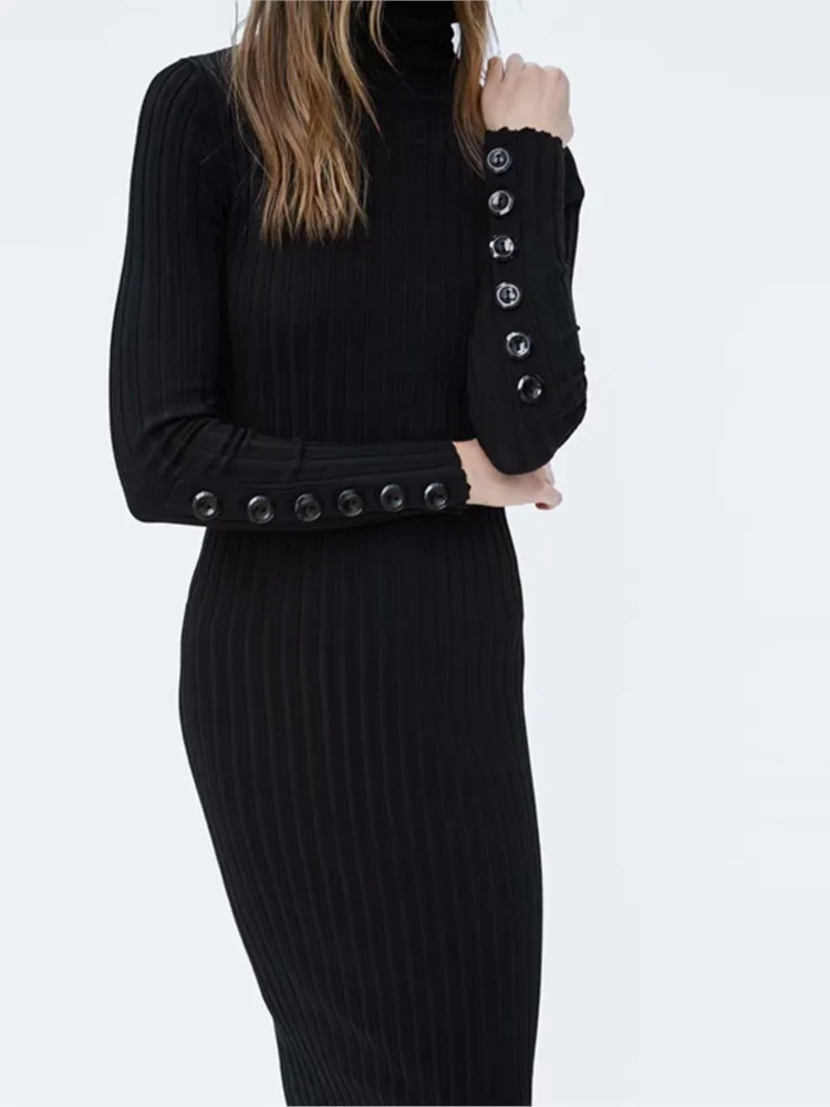 Women Winter Casual Sheath Maxi Dress Vintage Long Sleeve Female Knitted Turtleneck Button Bodycon