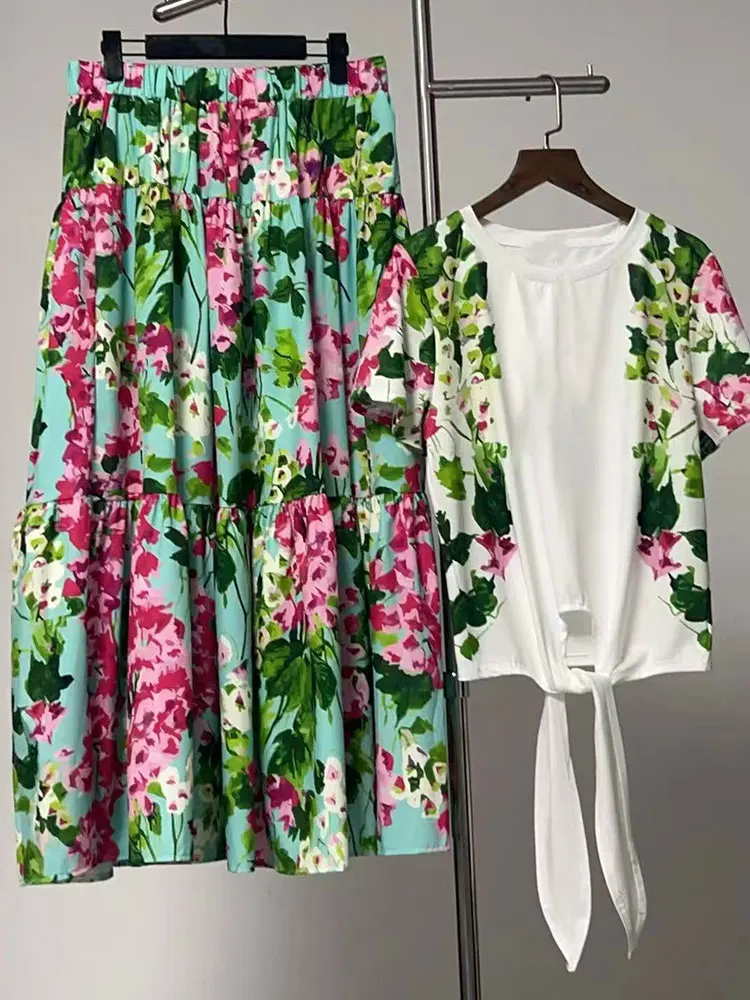 

Retro 2026 summer women's new two-piece round neck irregular hem lace-up T-shirt elastic waist big skirt casual women's suit