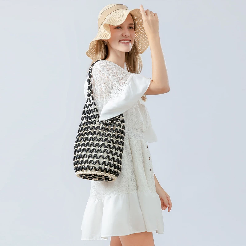 

Летняя сумка через плечо ручной работы из бисера, сумка-тоут из деревянных бусин, французская ручная тканая сумка, сумка-ведро, сетчатые сумки из сетчатой сетки