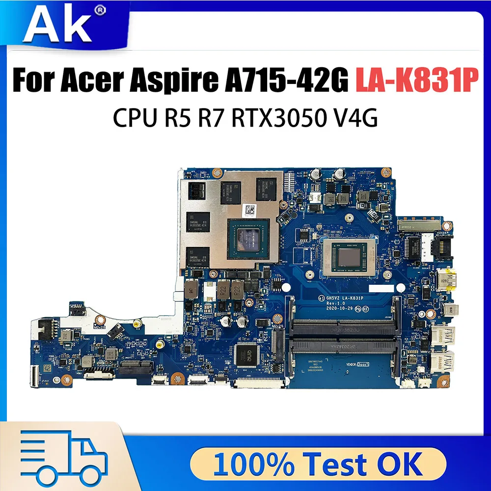 Placa-mãe portátil para Acer Aspire 7, LA-K831P, placa-mãe com R5-5500U CPU, RTX3050 V4G, 100% testado