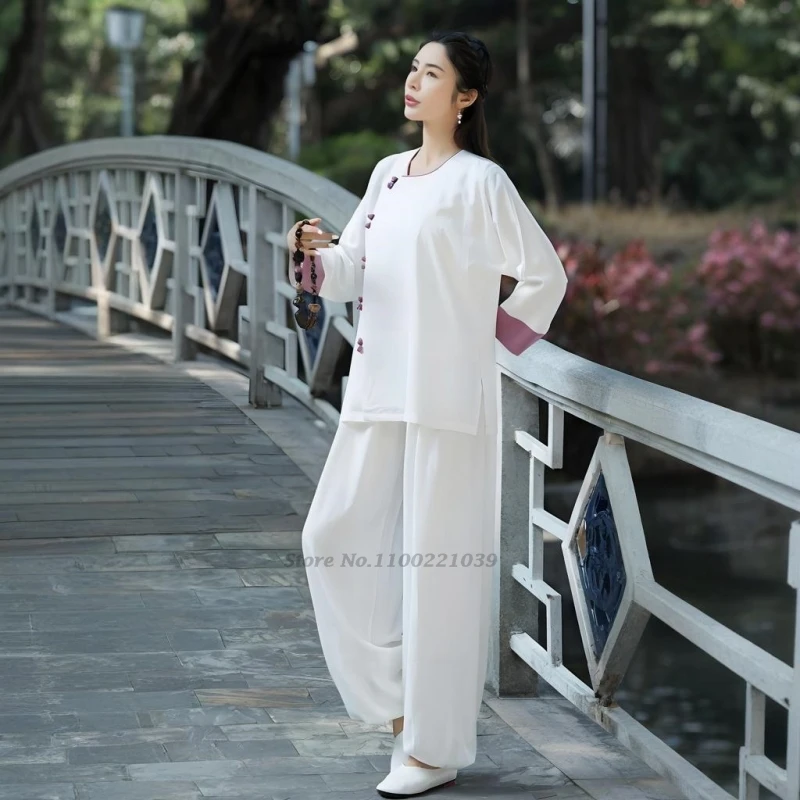 زي الكونغ فو الصيني لعام 2025 مجموعة هانفو المحسنة للتأمل ووشو تاي تشي بدلة الكونغفو ملابس تدريب المشي في الهواء الطلق