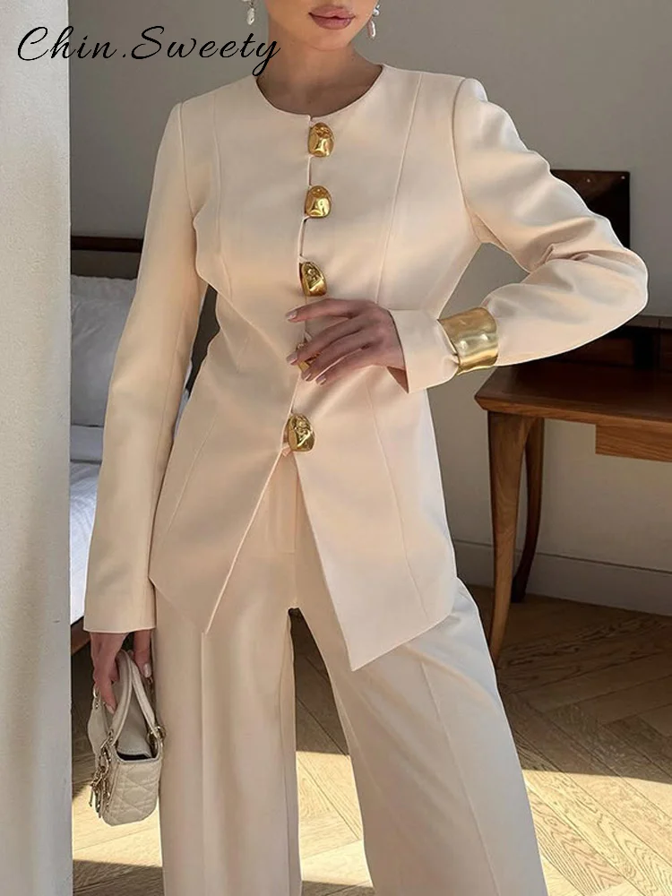 Elegant Women's Solid Pants Sets O-neck Full Sleeve Single Breasted Blazer Straight Wide Leg Pant 2025 Autumn Lady Chic Suit New