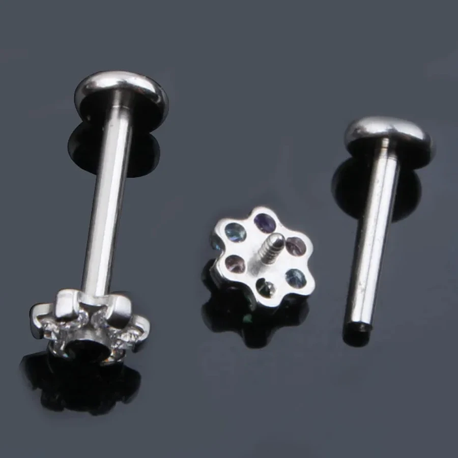 1PC G23 Titanium Flower internally threaded Labret Ring CZ Labret Piercing Lip Morne Earrings Stud Cartilage Piercings Body Jewe