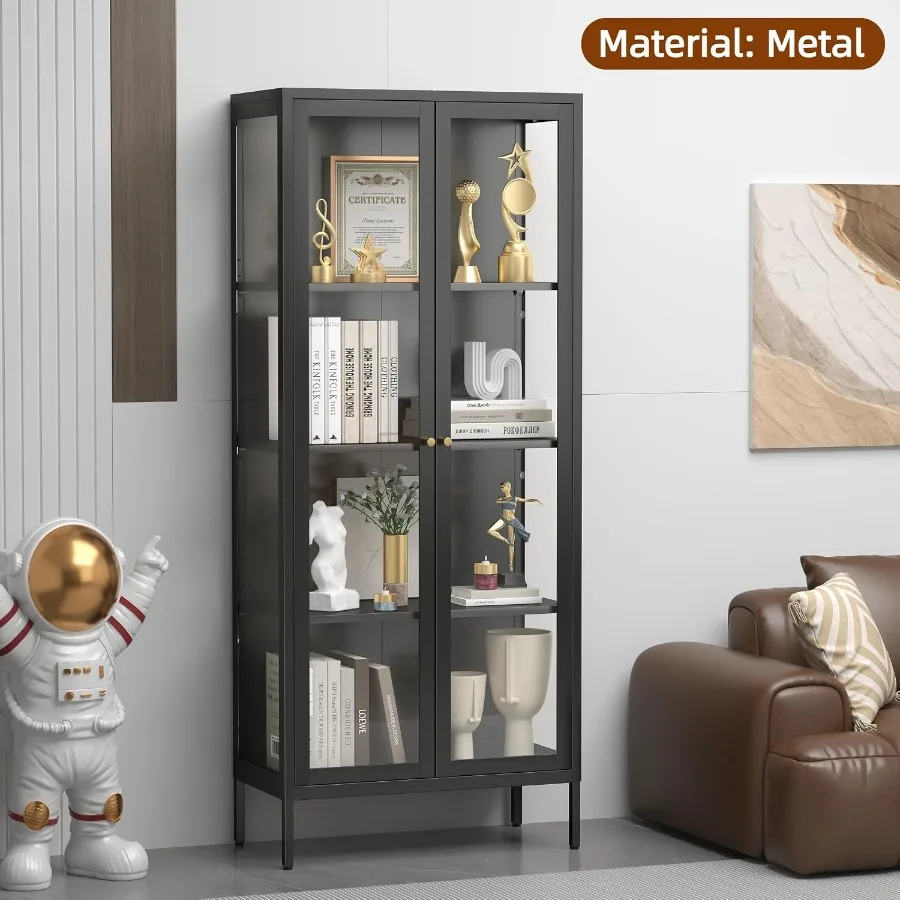Glass Display Cabinet 4-Tier for Living Room, Tempered Glass Doors, Black Finish, Adjustable Shelves and LED Lighting view 4