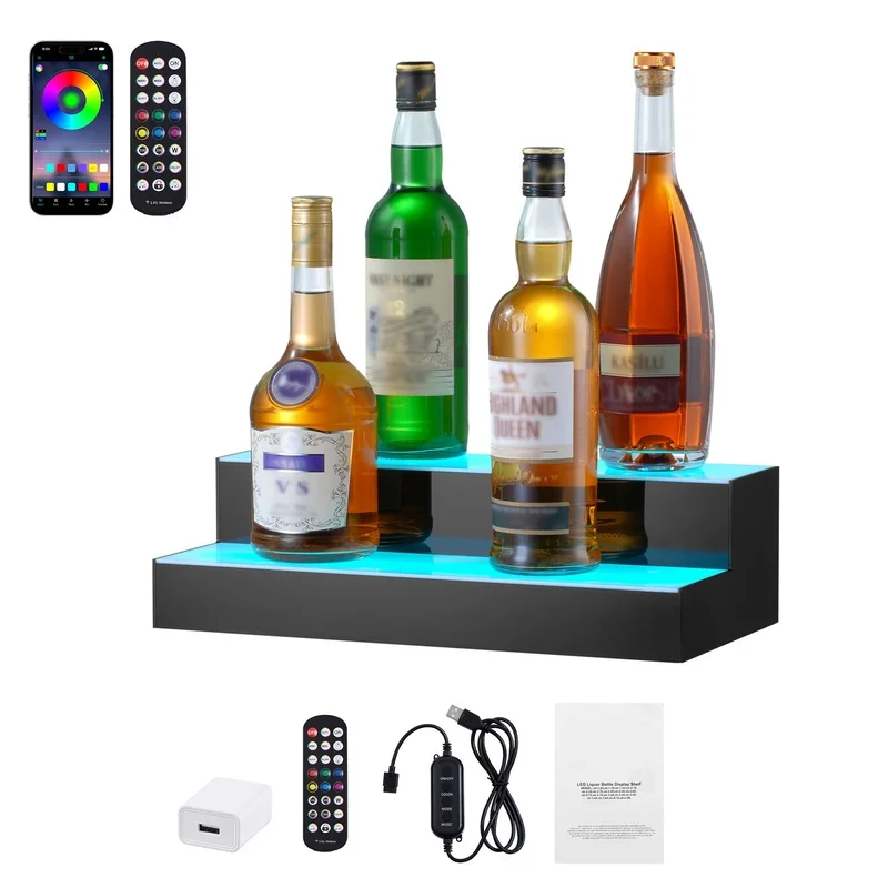 

16" LED Lit Bar Shelf with RF and App Control, 2-Step Adjustable Display for Liquor Bottles