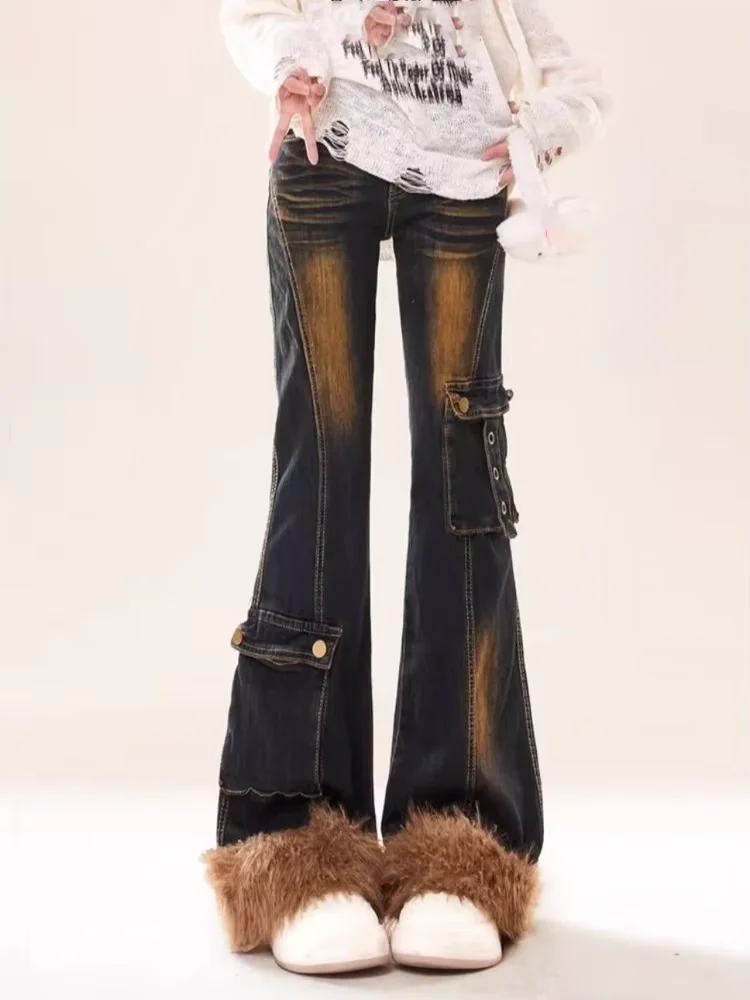 Amerikanischen Streetwear Vintage Bell-Bottom-Jeans Herbst Denim Hosen Für Frauen Herbst Neue Breite Bein Hosen Flare Hosen