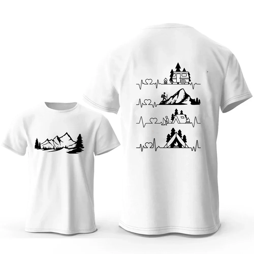 Camping Outdoor Heartbeat Nature Camper Hiking T-Shirt Streetwear Short Sleeve Tees Two Sided Mountain Tops Oversized Clothing
