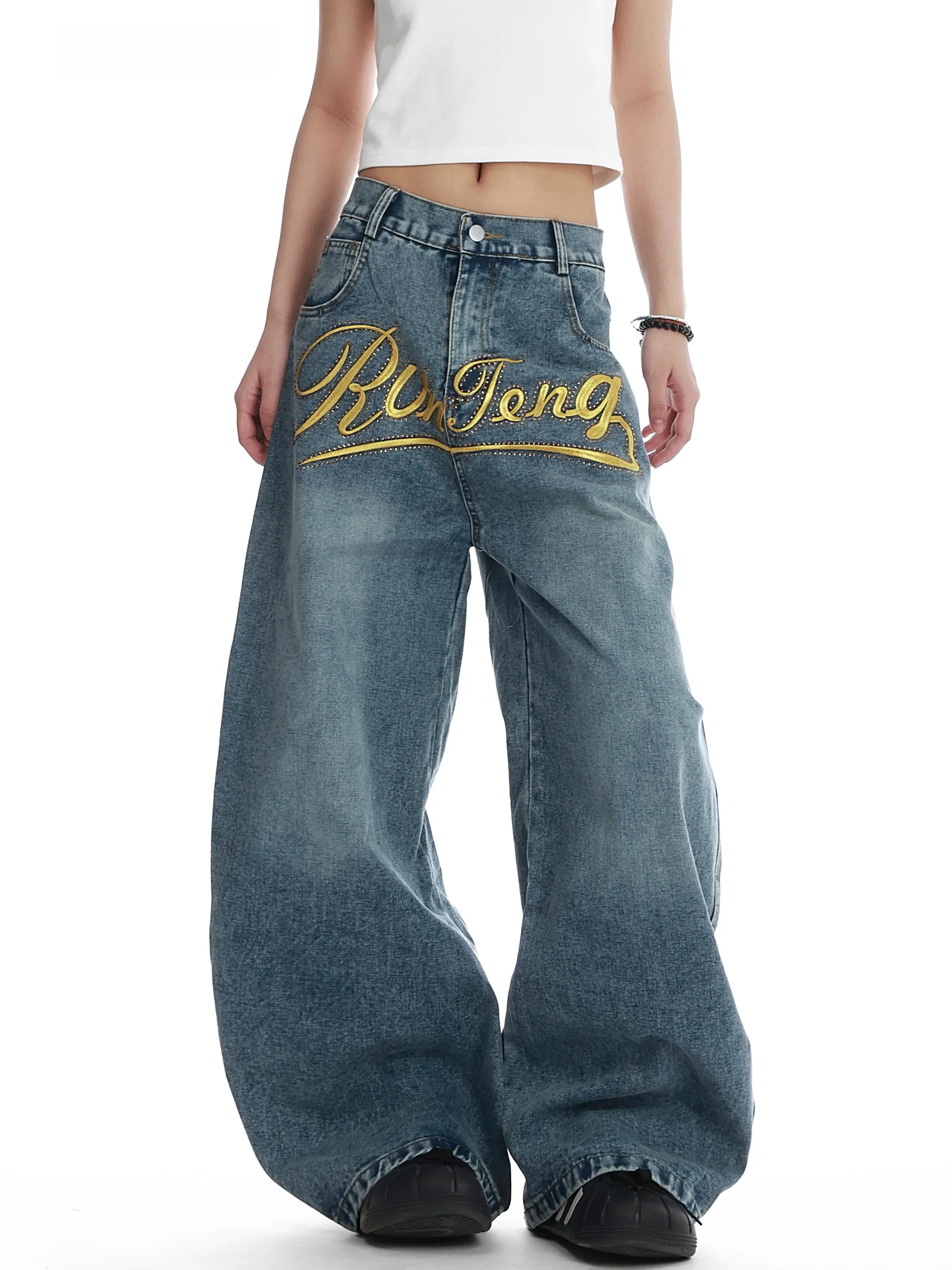 

American Sle Street Letter Rhinestone Denim Pants Women Spring Spicy Loose Versatile Floor-Length Wide Leg Pants Long Pants