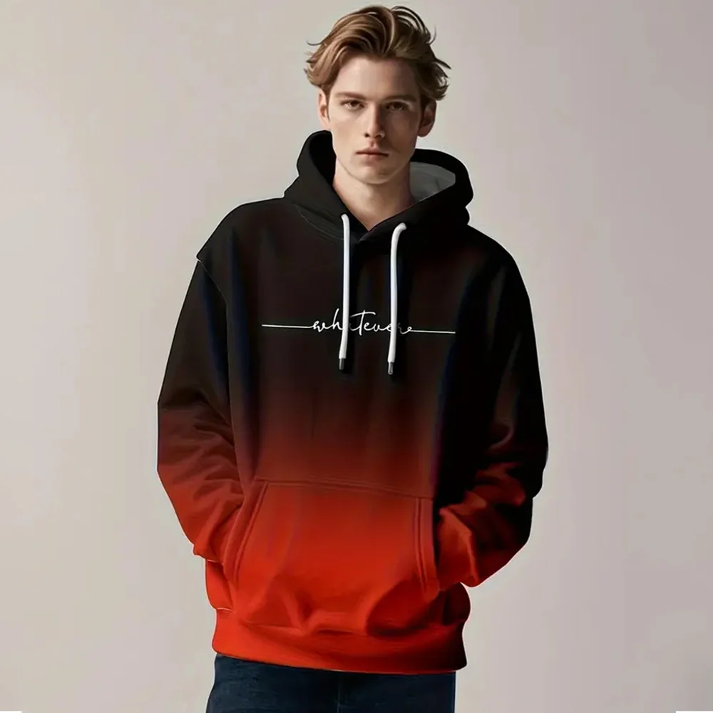 2024 Men's gradient print hoodie, long-sleeved casual sweatshirt with lettering, gradient color, suitable for outdoor activities