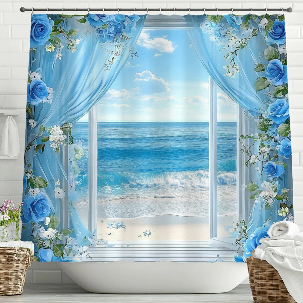 

Blue ocean beach scenery outside the window Shower Curtain, Bathroom Decorative Shower Curtains, Home Curtain with Hooks