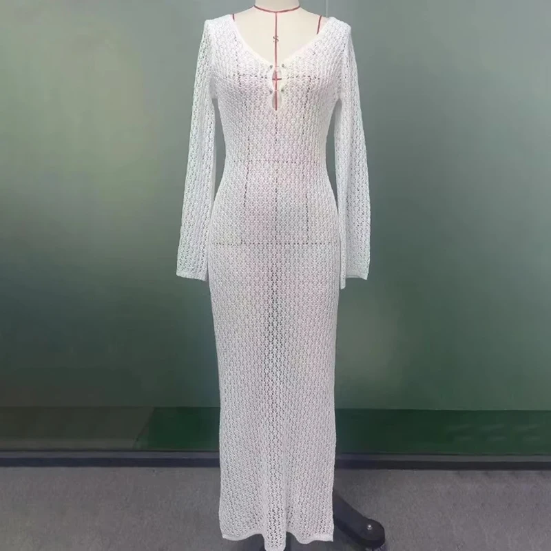 Tornova 2025 New Crochet Beach Maxi Dress Women's Sexy Knitted Hollow Bikini Swimsuit Cover-Up Sun Protection Dress See Through