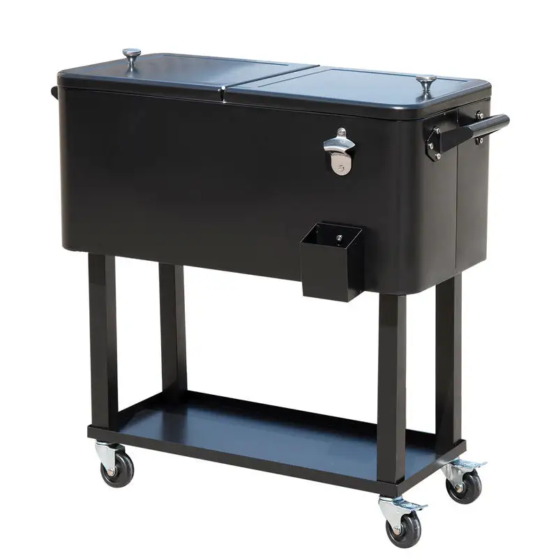 Enfriador de Bebidas de Acero con Ruedas, Abrebotellas y Drenaje para Exteriores, Patio y Jardín, 75,7 L, Negro