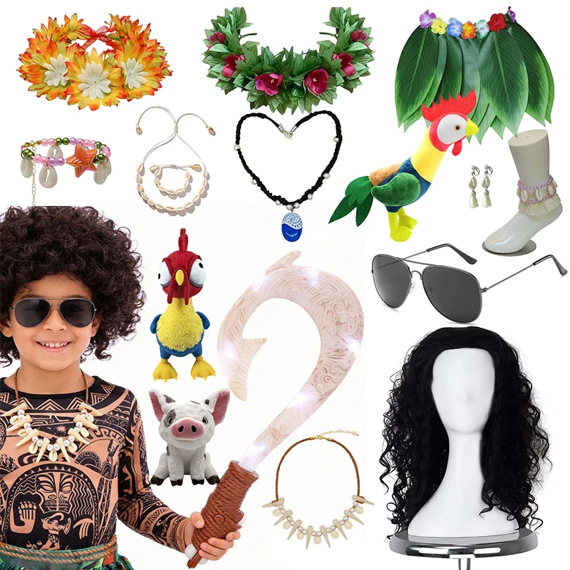 Kids Polynesian Demi‑God Accessory Set Fish Hook Wig Necklace Halloween Birthday Comic Con Role‑Play Props