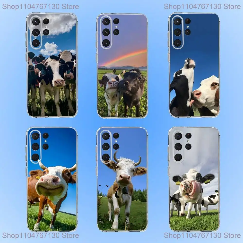 

Lovely Cute Cow Cows OX Phone Case For Samsung S24,30,21,22,23,20 FE,lite,PIus,Ultra,5G,Note,9,10 Transparent Cover