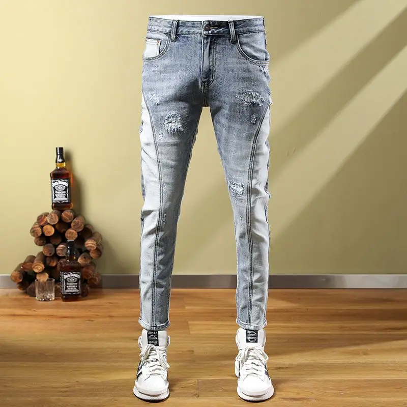 

Men's Jeans Social Fashion Men's Autumn Patch Splice Used Motorcycle Vintage Pants skinny Ripped jeans jeans men