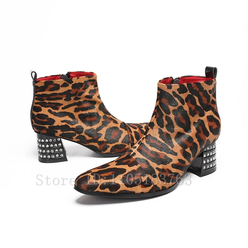 Men Leopard Print Suede Leather Ankle Boots Thick Heel Embellished with Shiny Rhinestones Retro Punk Style Dress Boots for Party