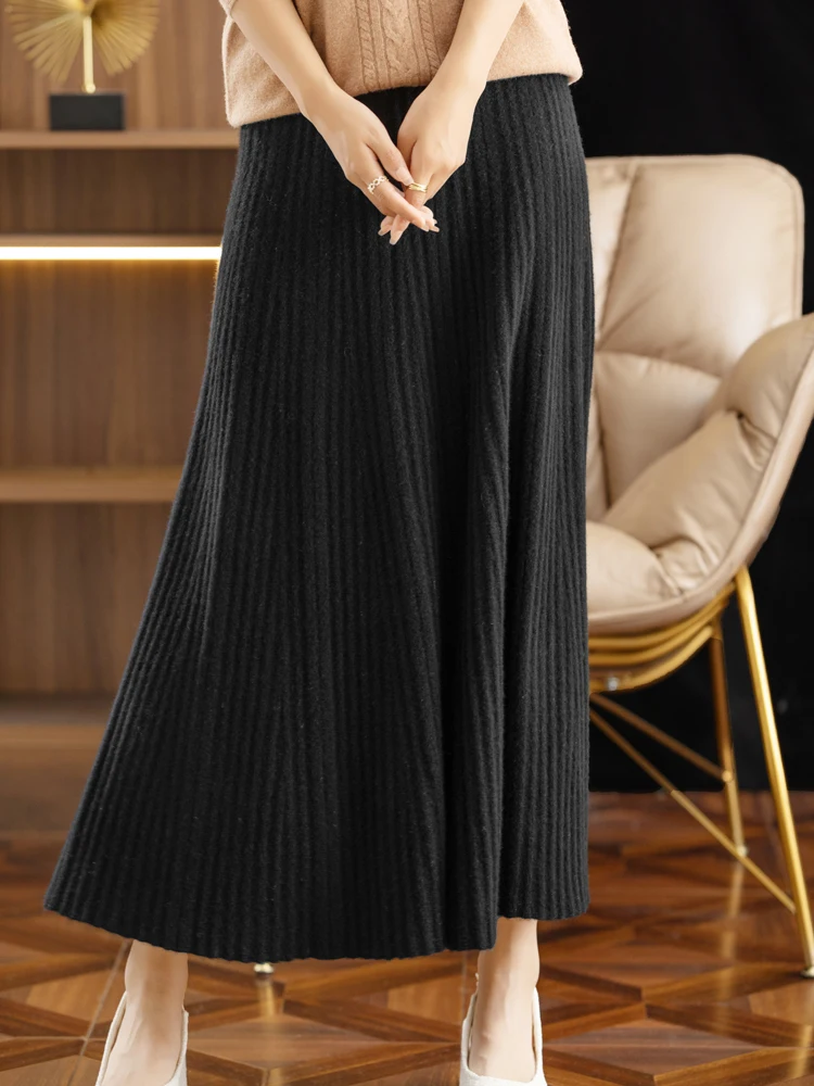 ADDONEE Autumn Winter Women Wool Skirt Office Lady Pleated Long Skirt 100% Merino Wool Knitwear Grace Dress Korean Fashion