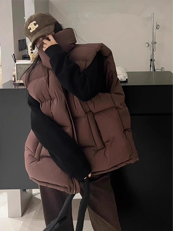 

Thickened Retro Stand Collar Vest Cotton Jacket Women's Autumn Winter Warm No Sleeve Shoulder Pad Vest Zipper Design Pure Color