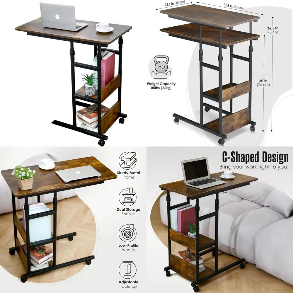 

Rolling Bed Side Table with Adjustable Height, 37x32x16 Inches, Laptop/Dinner Tray
