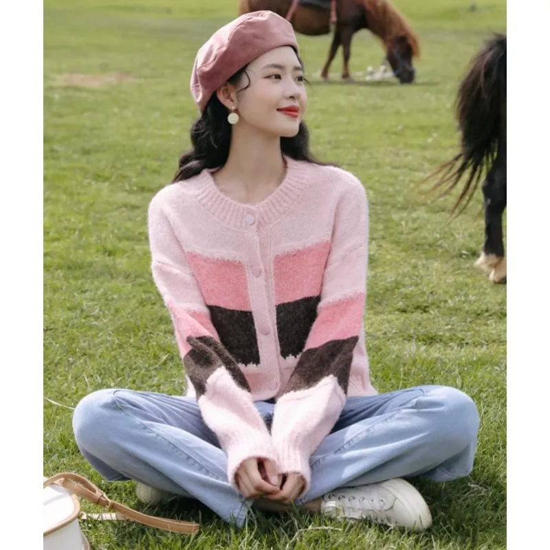 

Spring Autumn Retro Short Sweater Cardigan Women's Jacket Round Neck College Style Knitted Outerwear