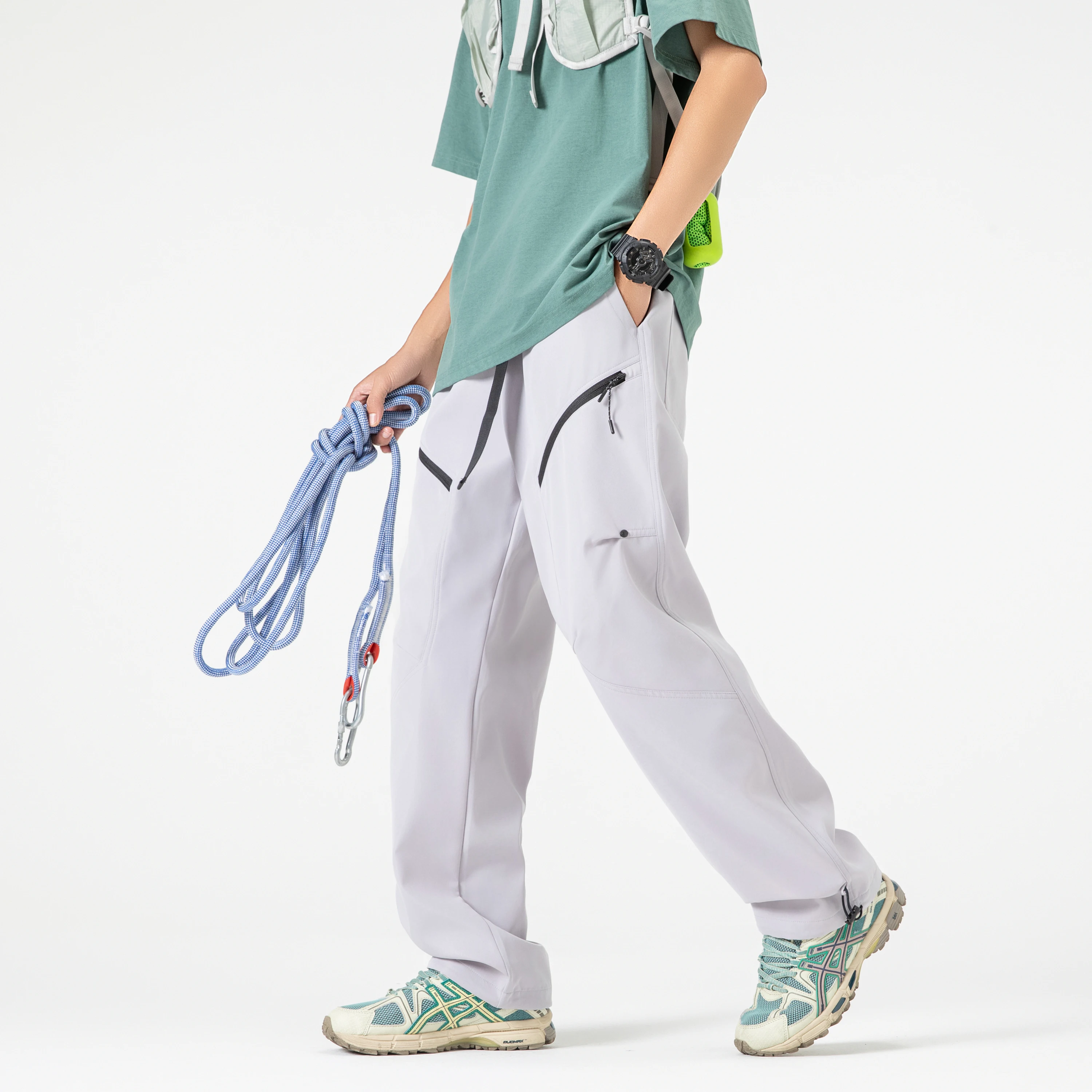 2025 Autumn Drawstring Sweatpants Men's White Fashion Zipper Multi-Pockets Casual Wide Pants Loose Straight Casual Male