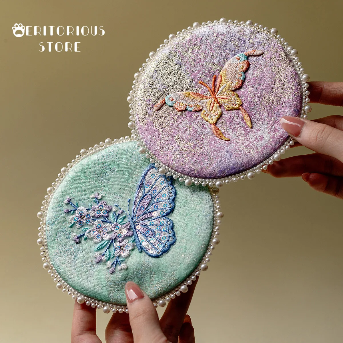 

Exquisite Brocade Handmade Coasters Cup Holders Embroidery Butterfly Pot Tea Mat Creative Double-sided Pearl Stand Mug Coaster