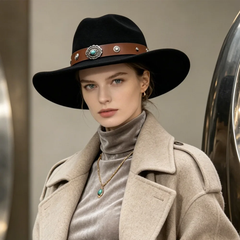 Casual Solid Color Western Cowboy Hat Ethnic Style Sunscreen Jazz Hat Wide Brim Punk Vintage Cowgirl Hat Stage Performance
