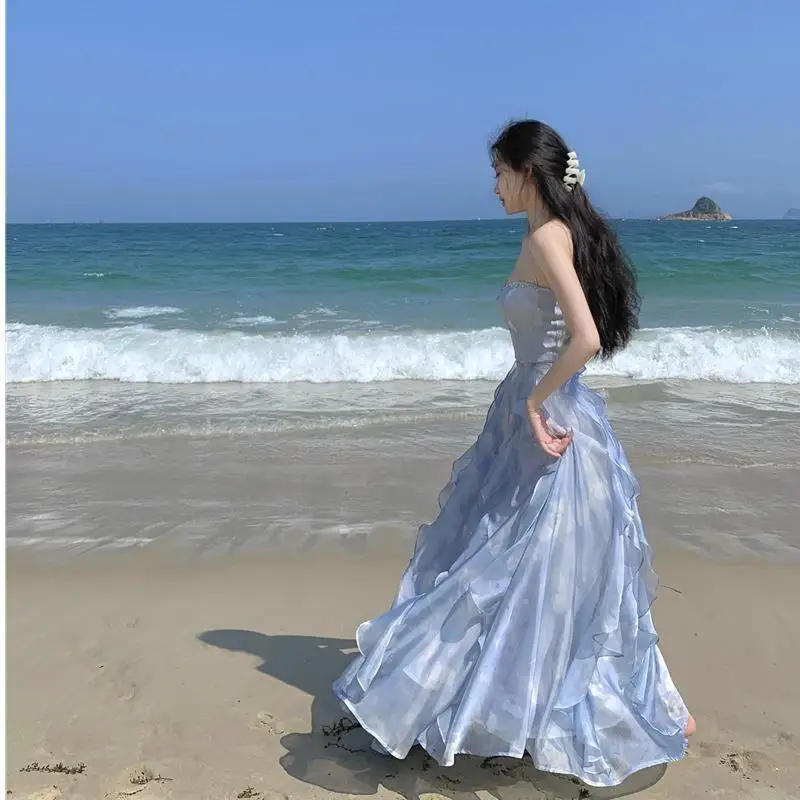 

French Style Platycodon Floral Sling dress Women's Summer Travel Suit Seaside Holiday Beach Super Fairy Long Dress