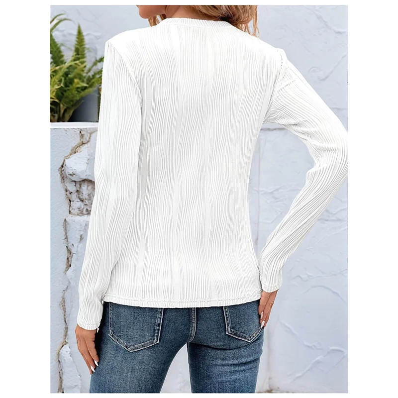 เสื้อยืดแขนยาว AG สำหรับผู้หญิง สไตล์ลำลอง คอกลม ผ้าถักลายริบ เสื้อเบลาส์ทันสมัยสำหรับฤดูใบไม้ร่วง