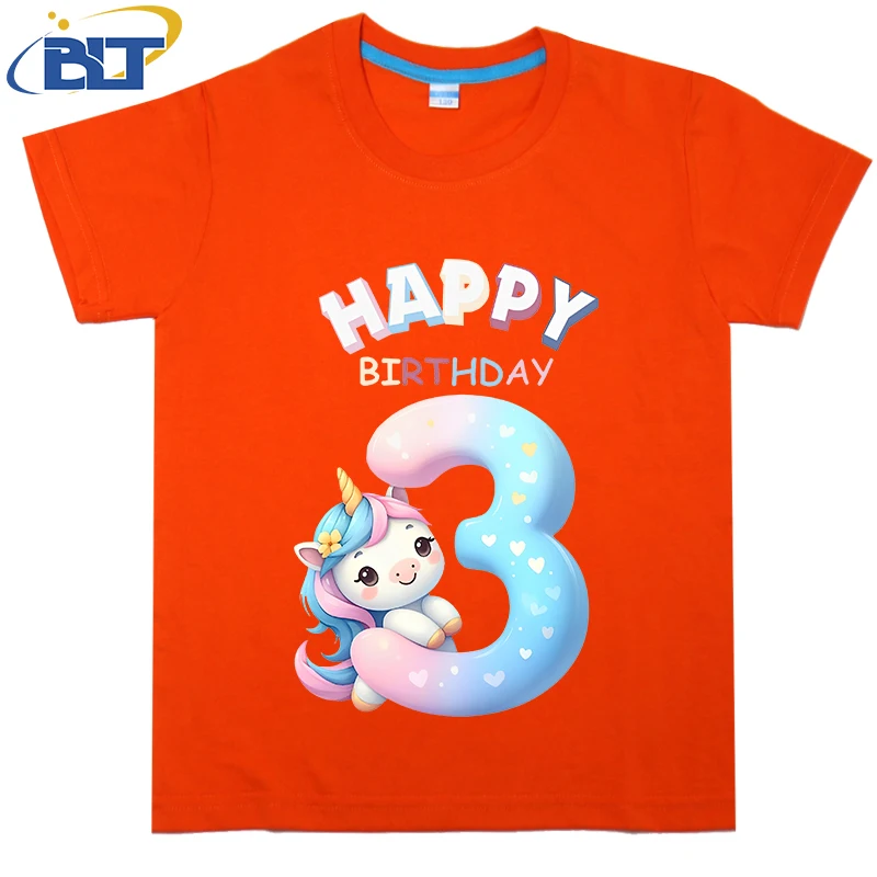 Happy Birthday 3 Years Old Cute with Unicorn Design Print KidST shirt in summer cotton short -sleeved casual top