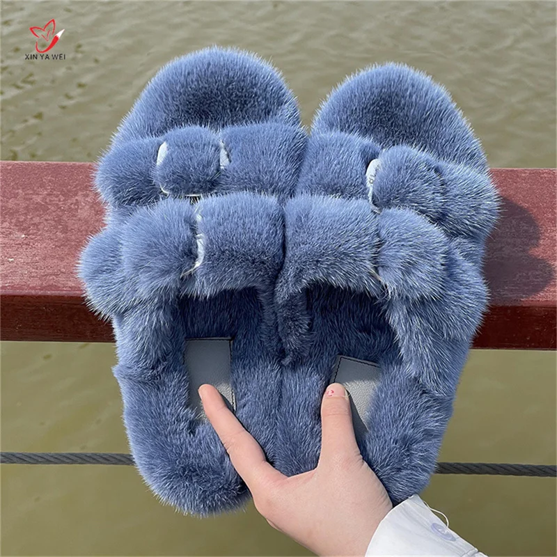 Mink Slippers European Stand Women\'s Real Mink Fur Slippers Fashion Ladies Furry Slippers Girls Flat Slippers Outside Shoes