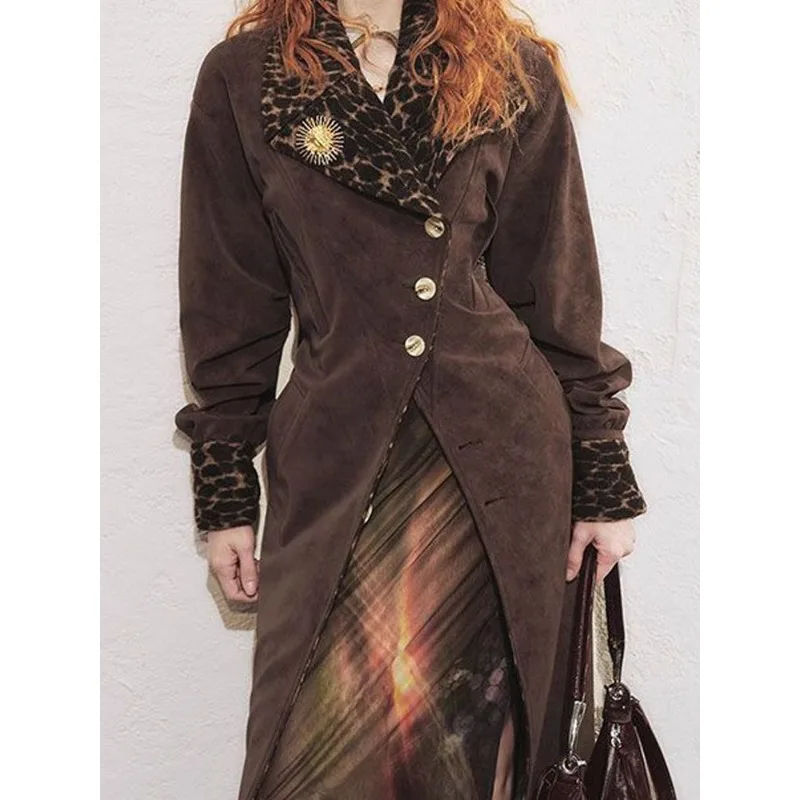 

Легкая роскошная элегантная длинная ветровка во французском стиле с леопардовым принтом для женщин, облегающее высококачественное темпераментное пальто для зрелых женщин