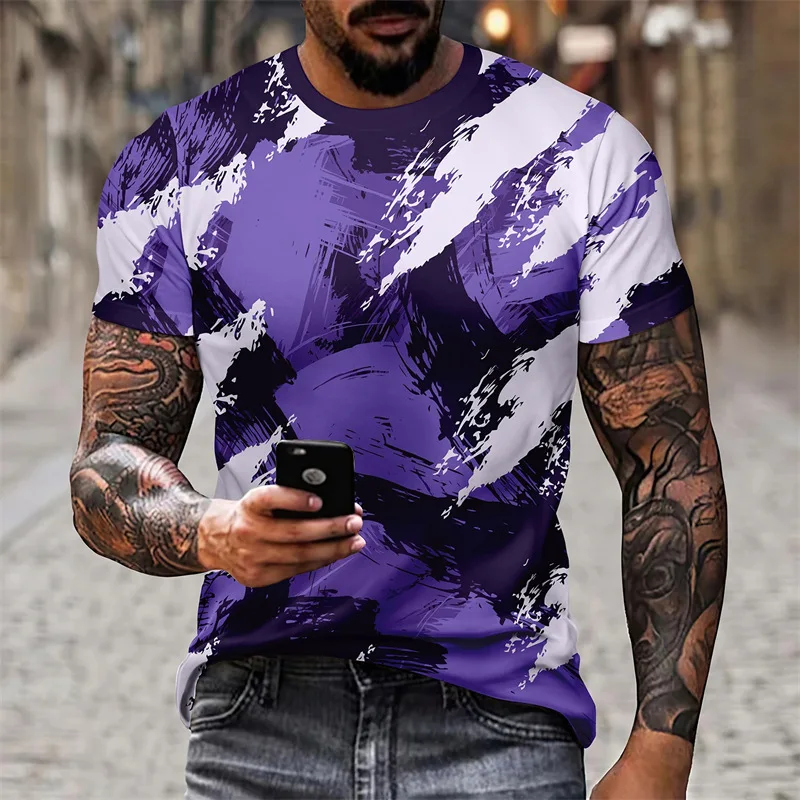 Men's Contrast Color 3D Print Short Sleeve T-shirt Summer Casual Loose Breathable Comfortable Tee Cool Trendy Street Man Clothes