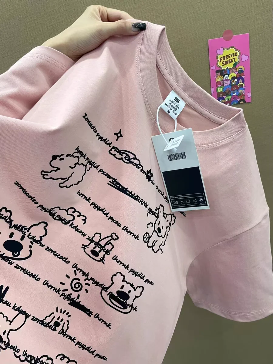 

Модная летняя футболка из хлопка с мультяшным розовым принтом, индивидуальный дизайн, молодежный повседневный стиль, круглый вырез