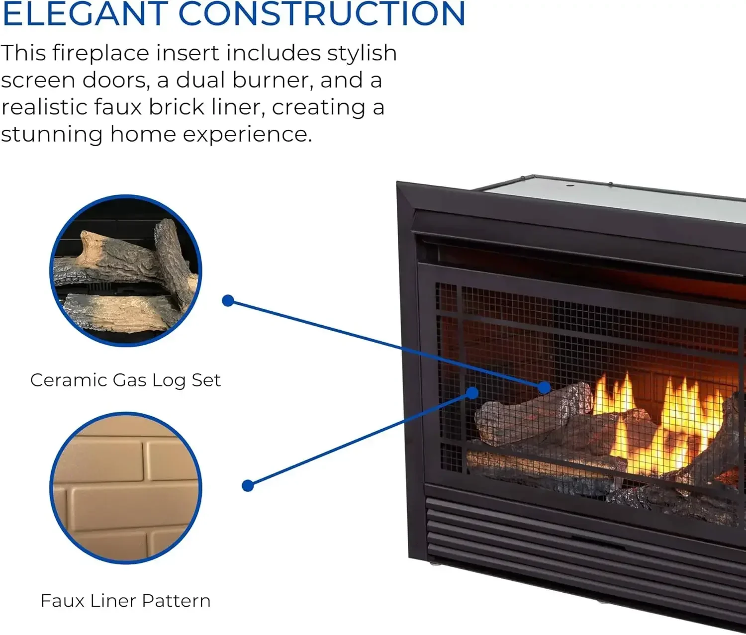 Ventless 26,000 BTU Heats 1,350 Square Feet Dual Fuel No-Clearance Gas Fireplace Insert with Remote Control, Black