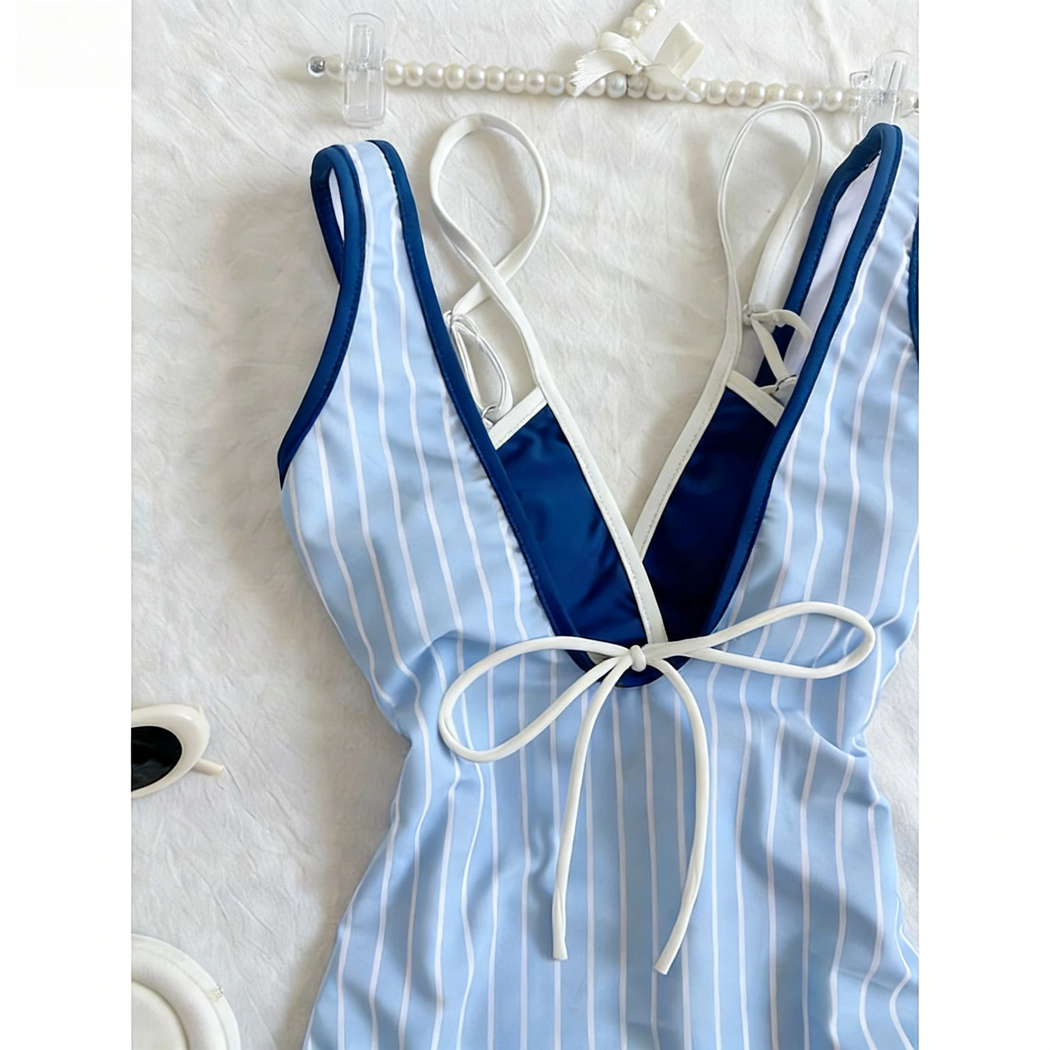 Women Two Piece Swimsuit Set 2026 Light Blue White Striped Print Deep V Backless Harajuku Navy Blue Triangle Bikini Top Summer