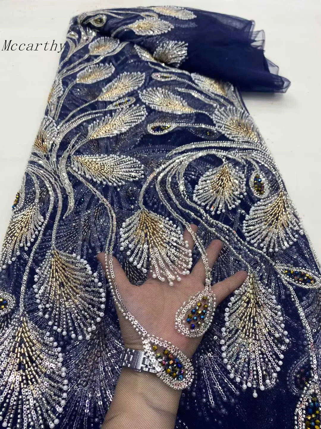 

High Quality French Tulle Elegant Beads StonesLace Fabric African Nigerian 3D Embroidery Wedding Material for Dresses And Gowns