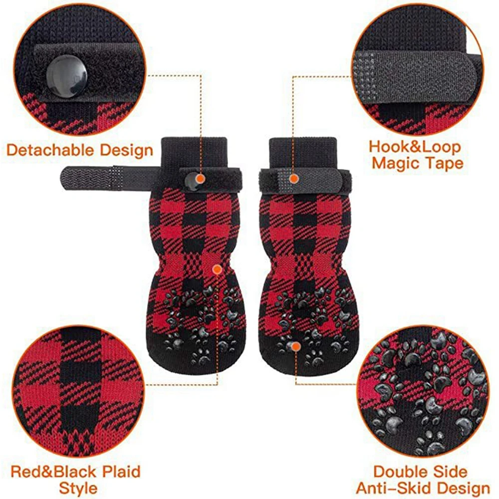 4PCS Double Side Anti-Slip Dog Socks with Adjustable Straps for Pet Paw Protector for Puppy Small Medium Large Dogs Indoor Wear