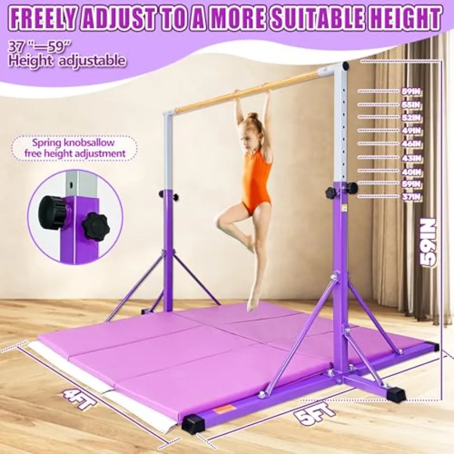 Gymnastics Bar for Ages 3-15 Adjustable Height 35 to 60 4FT Wide Base Professional Kip Bar with 360 Stability Fiberglass Crossb