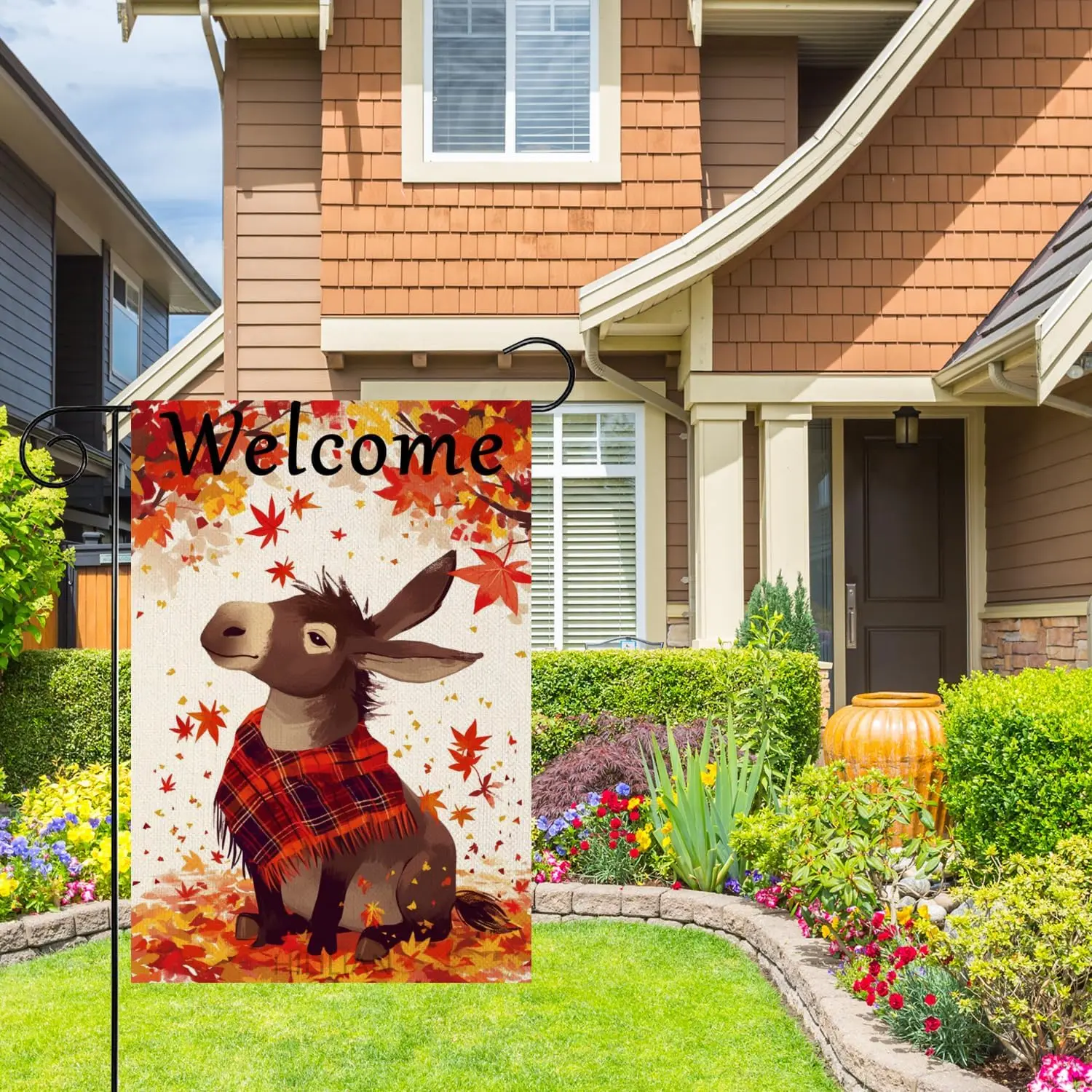 Welcome Fall Donkey Garden Flag 12x18 Inch Double Sided,Small Maple Leaf Buffalo Plaid Check Scarf Autumn Garden Flag Fall T KZA