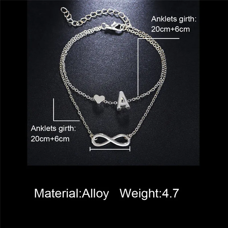 Boho Initial Anklet Heart Infinity Silver Color Ankle Bracelet on Leg Chain 26 Letter Anklets For Women Ankle Beach Foot Jewelry