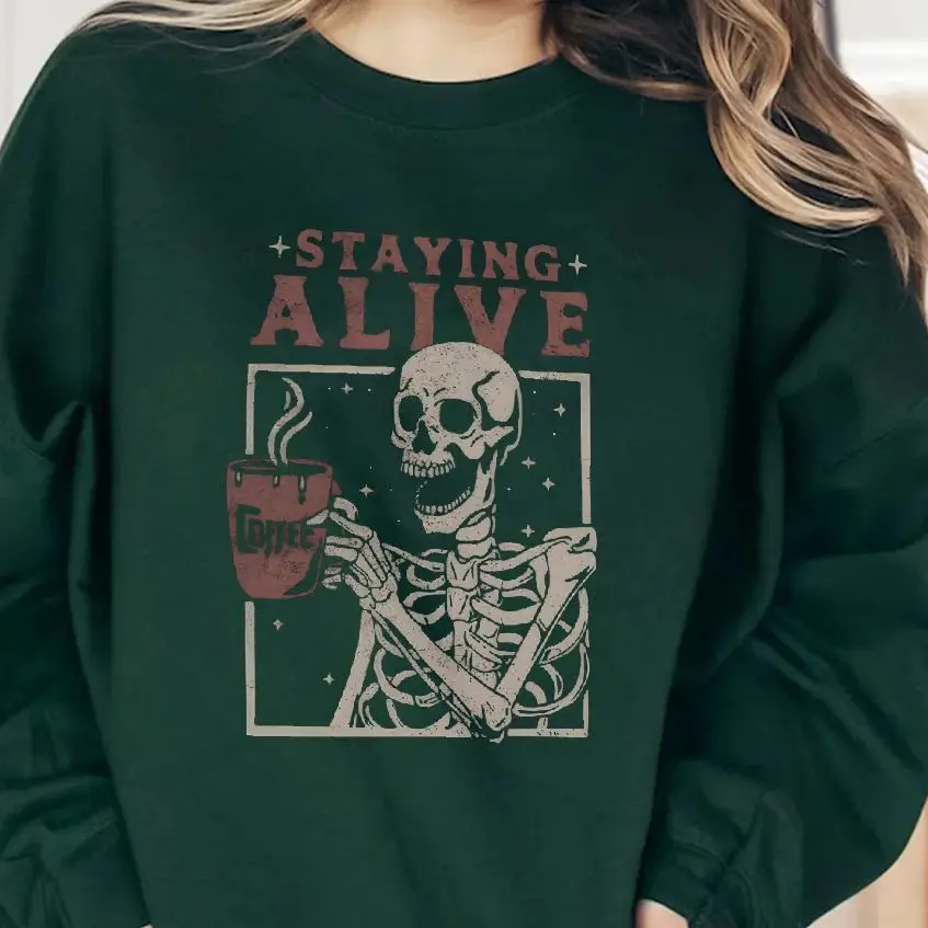 

Retro Sweatshirt Long Sleeves Stylish Pullover Y2K Graphic Hoodies Crew Neck Unisex Casual Daily Wear Staying Alive Skeleton