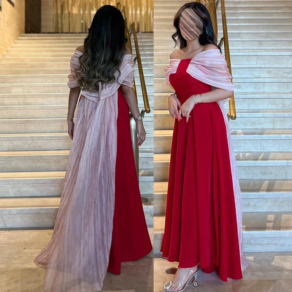 Customized Contrast Color A-line Off Shoulder Prom Gown Backless Bow Evening Dresses Temperament Celebrity Banquet Dress Vestido