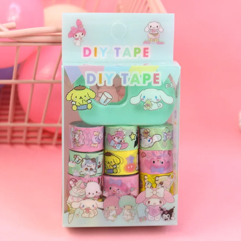 Cinta adhesiva de Sanrio para manualidades, pegatinas decorativas Kawaii Kuromi, Hello Kitty, Cinnamoroll, 12 rollos por caja