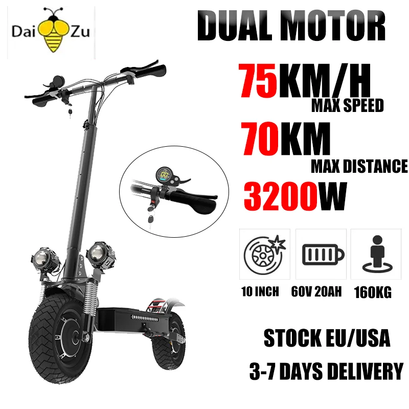 3200W Dual Motor Electric Scooter 75KM/H Max Speed E Scooter 60V 20AH Li-Battery 10 Inch Road  tire for Adults Max Range 70KM