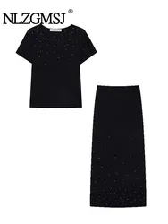 TRAF 2024 Spring Summer Knitted Women Nail Bead Short Sleeve Two Piece Set Female Crop Top Midi Long Skirt Sets