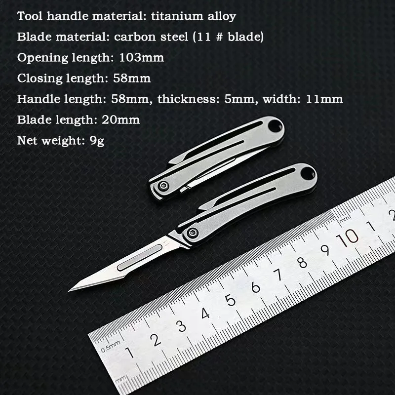 Titanium Alloy Folding Scalpel With Clip Portable MINI Key Buckle  EDC Outdoor Unpacking Pocket Knife with 10pcs Replaceable Bla