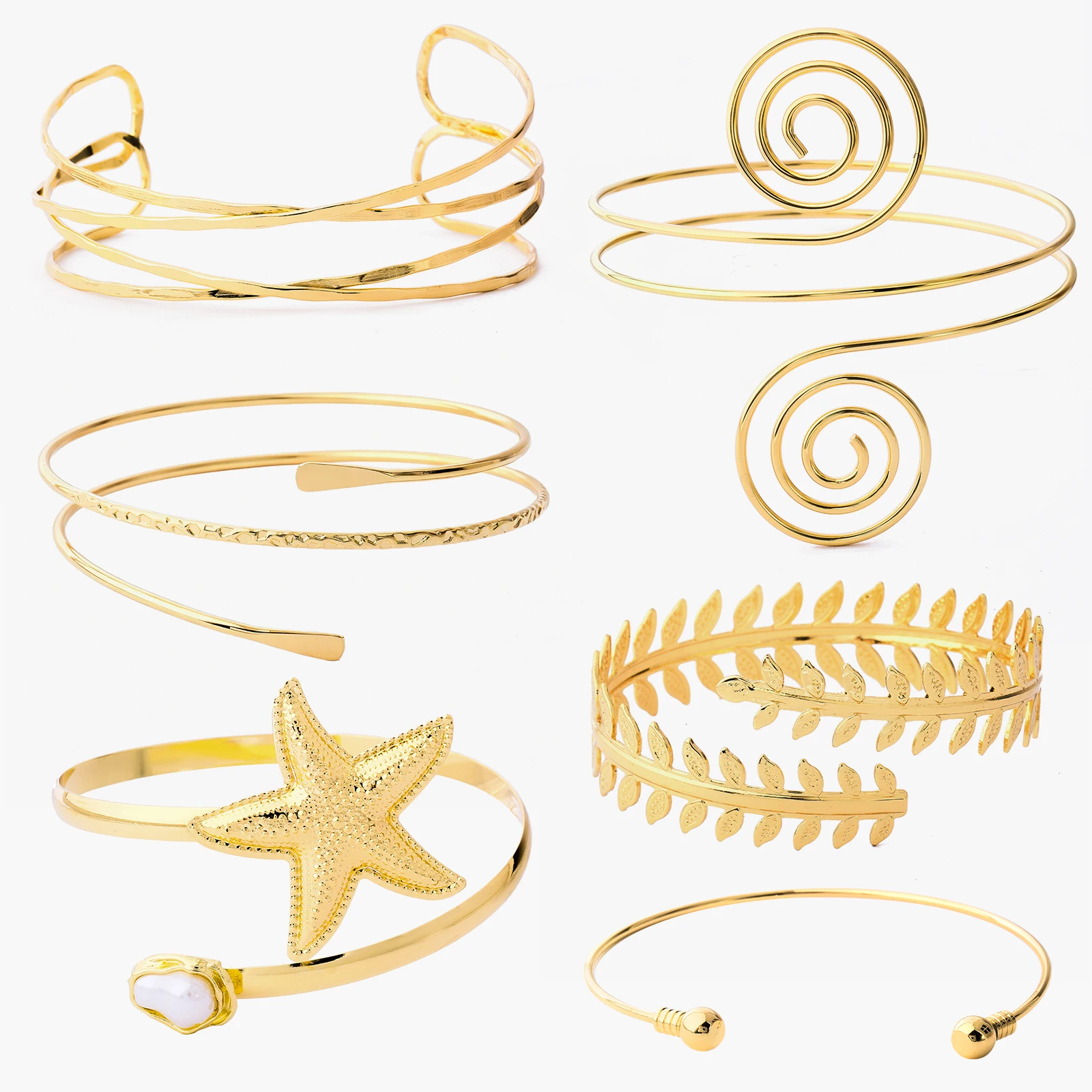 FTCY 6 PCS  Arm Cuff Bracelet For Women Gold Color Adjustable Layered Coil Swirl Armlet Bangles Jewelry Set For Gifts