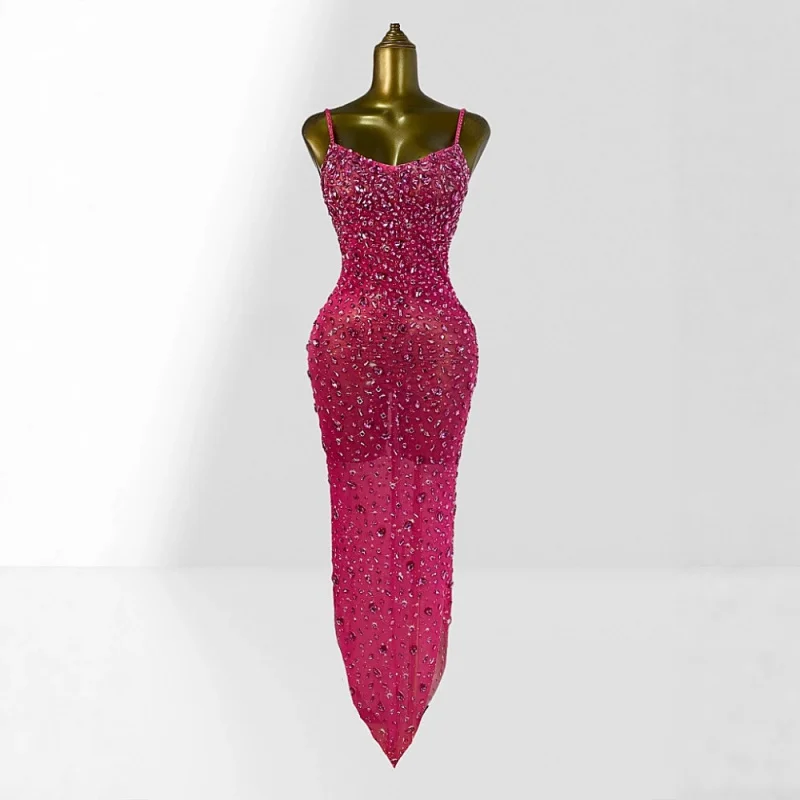 New Arrival Women's Rhinestone Sexy Sheer Mesh Strap Dress European and American Fashion Party Performance Dress